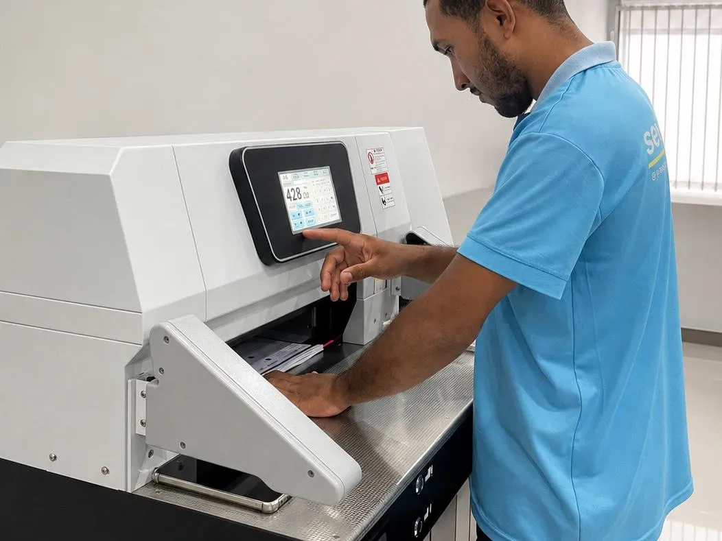 Colaborador operando equipamento de corte e acabamento gráfico.