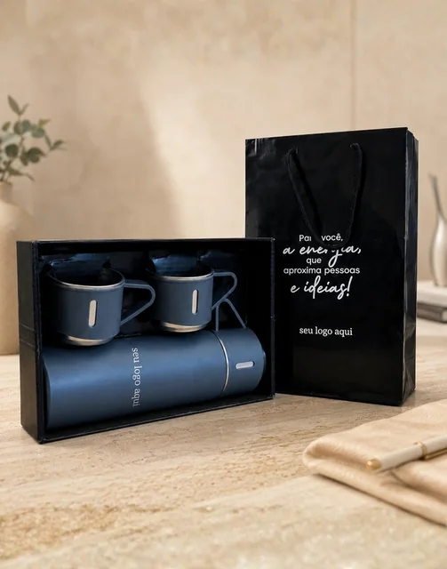 Kit Pausa Especial — Sacola personalizada, garrafa térmica e xícaras