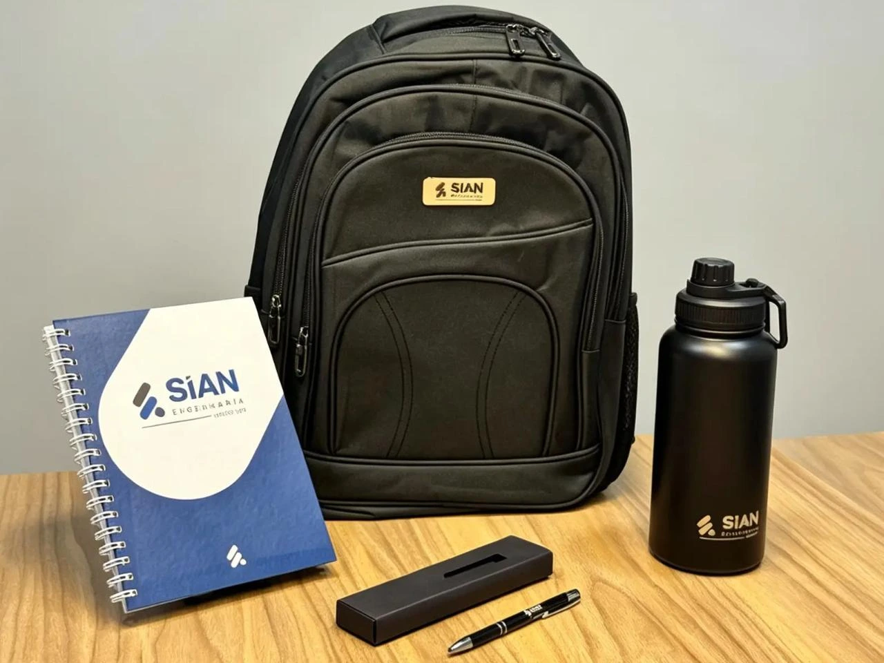 Kit corporativo personalizado com mochila, caderno, garrafa e caneta.